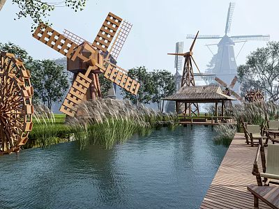 Traditional Wooden Windmills Water Wheel And Pavilion In Scenic Outdoor Setting With Deck 3d model