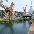 Traditional Wooden Windmills Water Wheel And Pavilion In Scenic Outdoor Setting With Deck