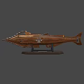 Copper Colored Water Vehicle Model With Sharp Bow On Wooden Base