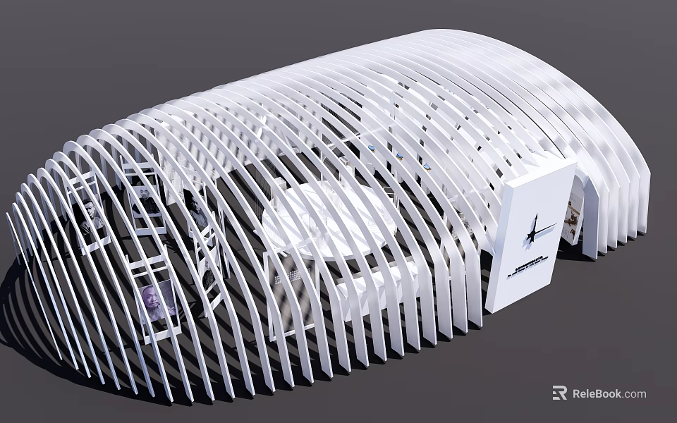 Modern White Exhibition Booth With Curved Grille Structure Display Shelves And Reception Counter 3d model 