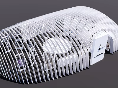 Modern White Exhibition Booth With Curved Grille Structure Display Shelves And Reception Counter 3d model
