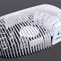 Modern White Exhibition Booth With Curved Grille Structure Display Shelves And Reception Counter