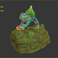 Blue Game Character With Green Red Back Holding Red White Ball On Green Rock