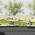Decorative Feature Wall With Yellow Black Mosaic Pattern Trees And Paved Ground In Night Scene