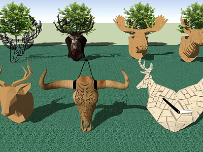 Animal Wall Decor Hanging Deer Head Bull Skull And Geometric Wooden Metal Figures 3d model