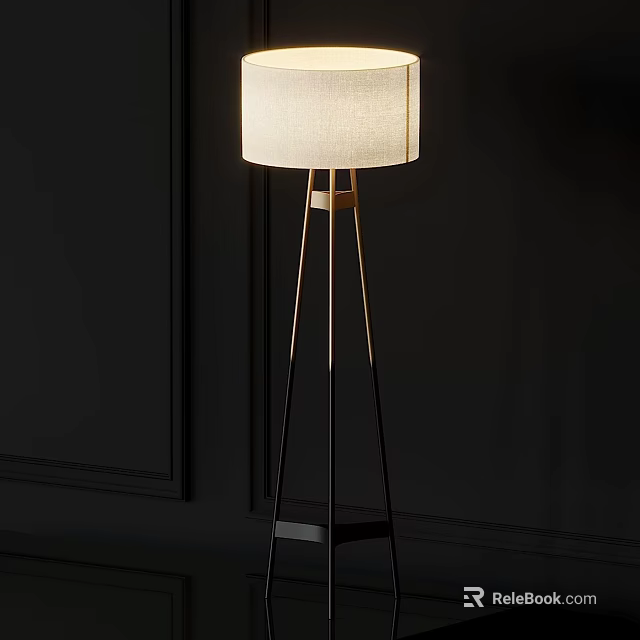 Modern Floor Lamp With Linen Shade And Tripod Metal Stand In Gold Black Design 3d model 