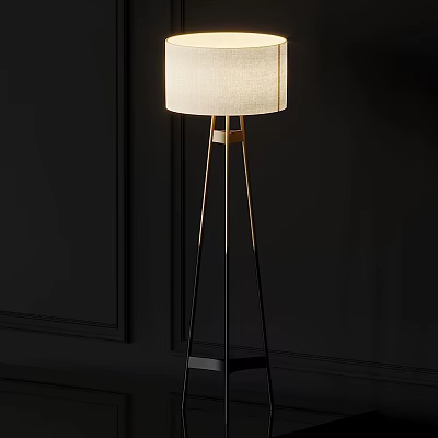 Modern Floor Lamp With Linen Shade And Tripod Metal Stand In Gold Black Design 3d model