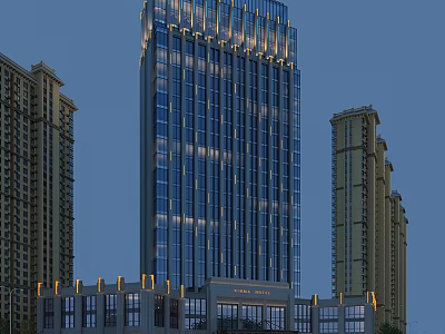Modern High Rise Hotel Building With Glass Curtain Wall Lighting And Surrounding Buildings 3d model