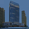 Modern High Rise Hotel Building With Glass Curtain Wall Lighting And Surrounding Buildings