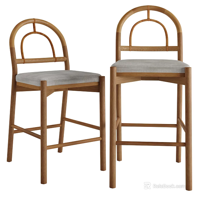 Elegant Natural Wood Bar Stools With Soft Grey Upholstered Seat For Home Kitchen Counter Use 3d model 
