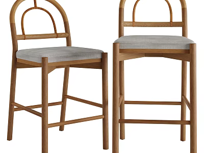 Elegant Natural Wood Bar Stools With Soft Grey Upholstered Seat For Home Kitchen Counter Use 3d model