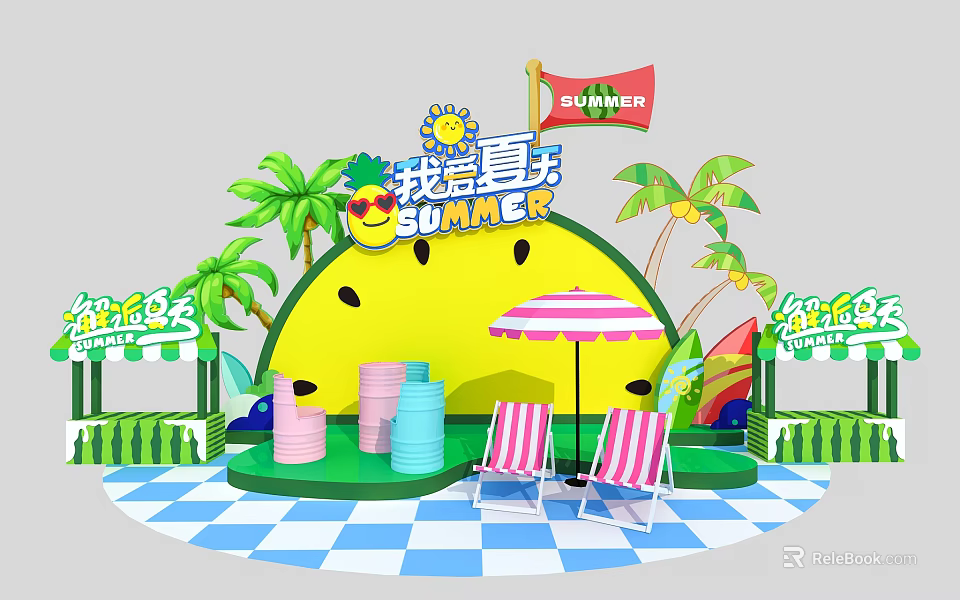 Summer Watermelon Shaped Photo Check in Spot with Striped Umbrella Deck Chairs and Palm Trees 3d model 