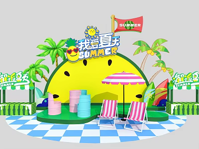 Summer Watermelon Shaped Photo Check in Spot with Striped Umbrella Deck Chairs and Palm Trees 3d model