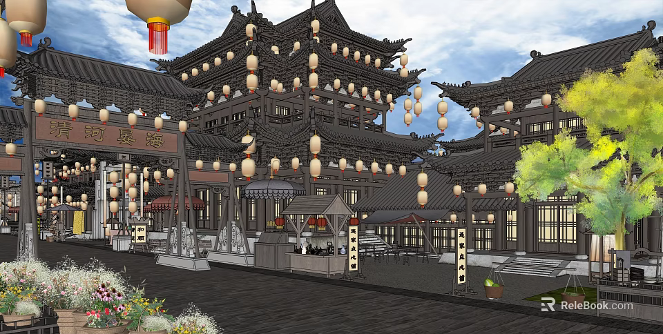 Ancient Chinese Architecture With Traditional Wooden Structure Hanging Lanterns Curved Eaves And Courtyard View 3d model 