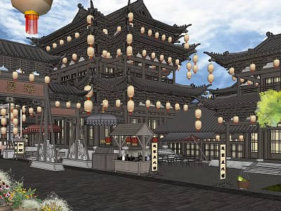 Ancient Chinese Architecture With Traditional Wooden Structure Hanging Lanterns Curved Eaves And Courtyard View 3d model