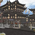 Ancient Chinese Architecture With Traditional Wooden Structure Hanging Lanterns Curved Eaves And Courtyard View