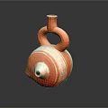 Sculpture Carving of Orange Ceramic Vessel With Loop Handles And White Stripes