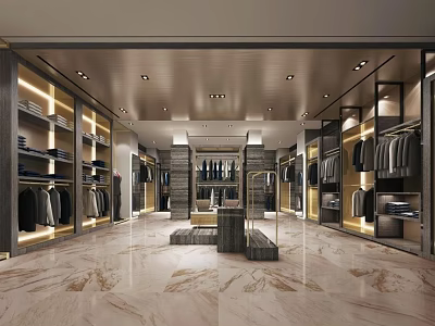 Elegant Modern Clothing Store Interior With Display Racks Hanging Clothes Ambient Lighting And Marble Floor 3d model