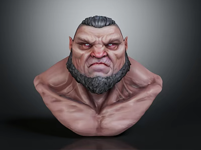 3D Creature Character Muscular Bust With Angry Expression Short Hair And Beard 3d model