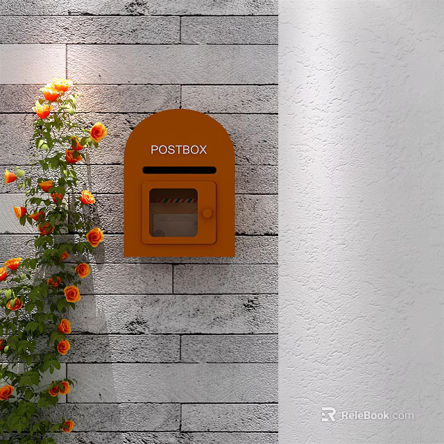 Orange Postbox On Brick Wall With Orange Flowers And Green Vines 3d model 