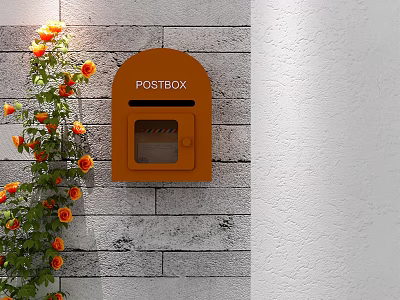 Orange Postbox On Brick Wall With Orange Flowers And Green Vines 3d model