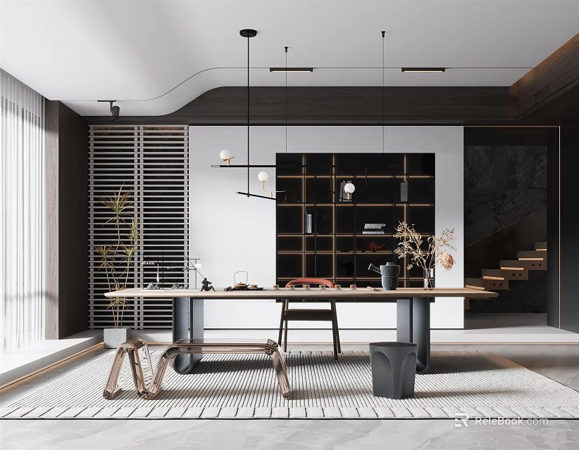 Modern Tea Room Interior With Long Wooden Table Chairs Hanging Lights Shelves And Plants 3d model 