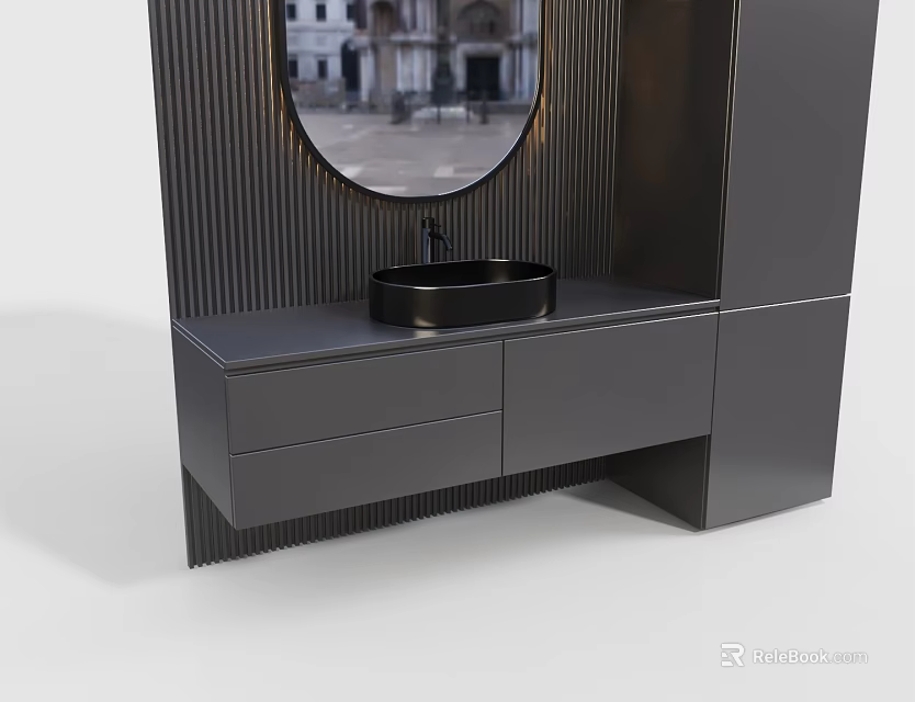 Modern Bathroom Vanity Design With Round Mirror Black Basin And Drawers 3d model 