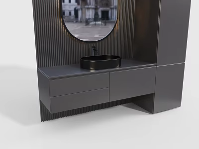 Modern Bathroom Vanity Design With Round Mirror Black Basin And Drawers 3d model