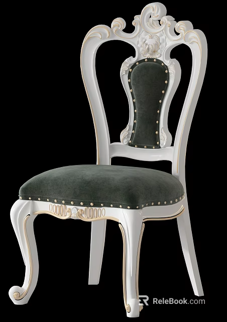 Dark Green Velvet Dining Chair with White Frame Gold Accents Rivet Decor and Carved Legs 3d model 