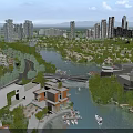 Aerial Urban Planning With Riverside Modern Residential Buildings Green Spaces Bridge And Boats