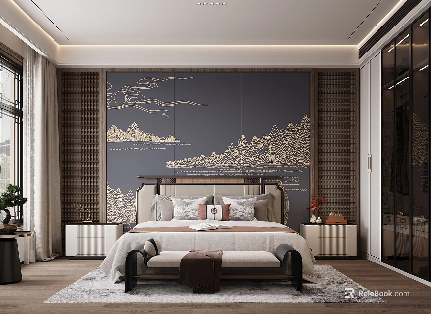 Elegant Chinese Bedroom Interior With Navy Blue Mountain Pattern Wall Bedside Tables And Bench 3d model