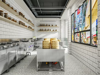 Practical Commercial Kitchen With Stainless Steel Worktable Bamboo Steamers White Brick Walls And Spice Jars 3d model
