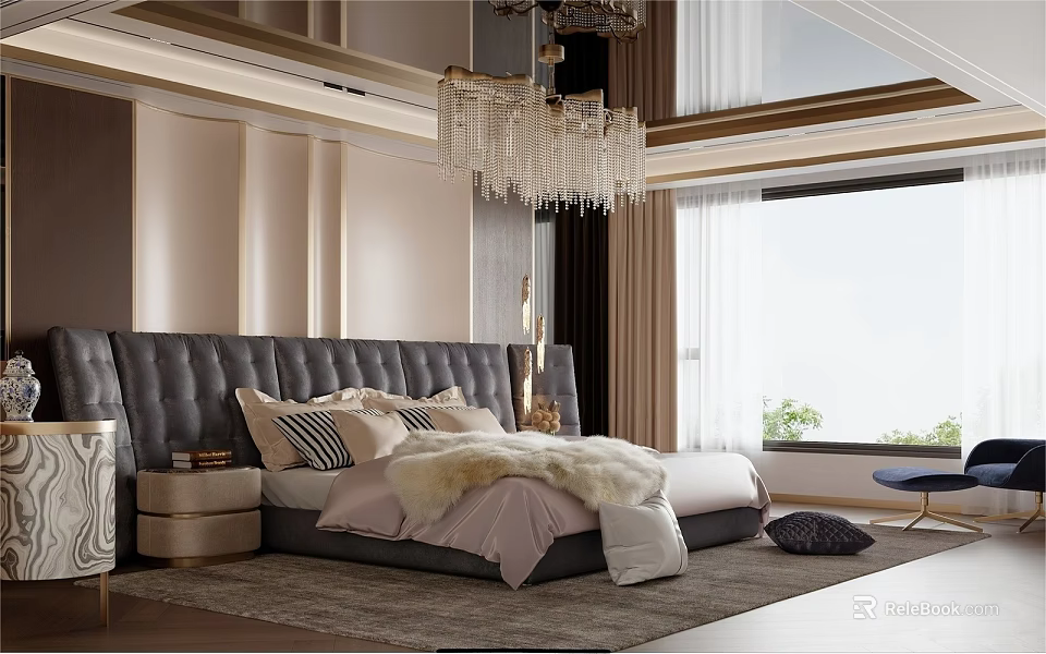 Elegant Modern Bedroom Interior With Dark Leather Headboard Crystal Chandelier And Round Nightstand 3d model 