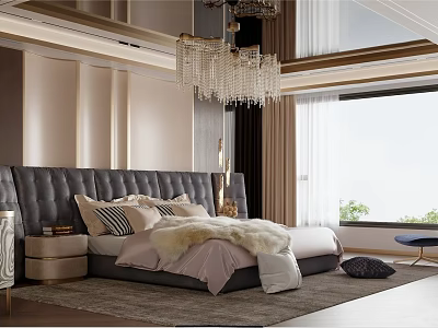 Elegant Modern Bedroom Interior With Dark Leather Headboard Crystal Chandelier And Round Nightstand 3d model