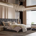 Elegant Modern Bedroom Interior With Dark Leather Headboard Crystal Chandelier And Round Nightstand