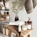 Modern Bathroom Accessories With Shelves Bottles Hanging Towel Hair Dryer And Green Plant