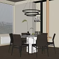 Modern Dining Table Set with Marble Top Brown Chairs and Circular Chandelier 3d model