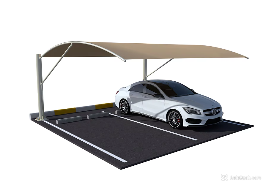 Beige Canopy Carport Supporting Poles Covering White Car On Black Parking Space With White Lines 3d model 