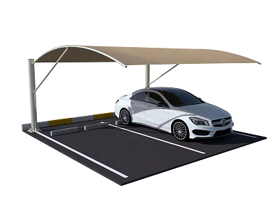 Beige Canopy Carport Supporting Poles Covering White Car On Black Parking Space With White Lines 3d model