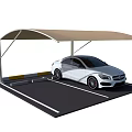 Beige Canopy Carport Supporting Poles Covering White Car On Black Parking Space With White Lines