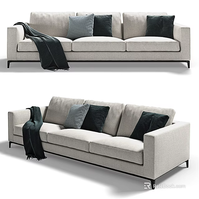 Modern Minimalist Light Gray Three-Seater Sofa With Accent Pillows Throw Blanket And Metal Legs 3d model 