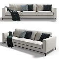 Modern Minimalist Light Gray Three-Seater Sofa With Accent Pillows Throw Blanket And Metal Legs