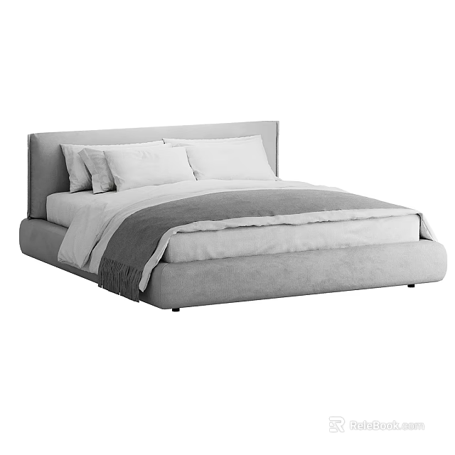 Gray Modern Upholstered Double Bed With Soft Pillows And Cozy Blanket 3d model 