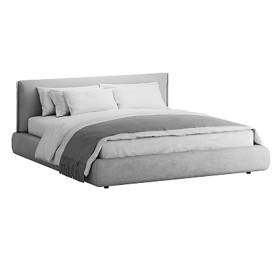 Gray Modern Upholstered Double Bed With Soft Pillows And Cozy Blanket 3d model
