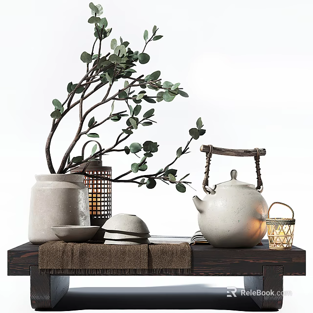 Minimalist Tea Set Display With Clay Jar Branches Small Lantern On Wooden Table 3d model