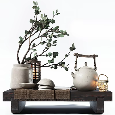 Minimalist Tea Set Display With Clay Jar Branches Small Lantern On Wooden Table 3d model