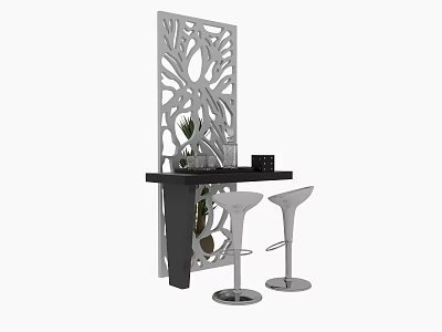 Stylish Bar Counter With Carved Screen Black Countertop White Stools And Green Plants 3d model