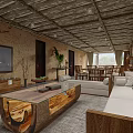 Rustic Restaurant With Wooden Ceiling Bar Counter Chairs Benches Wine Racks And Green Plants