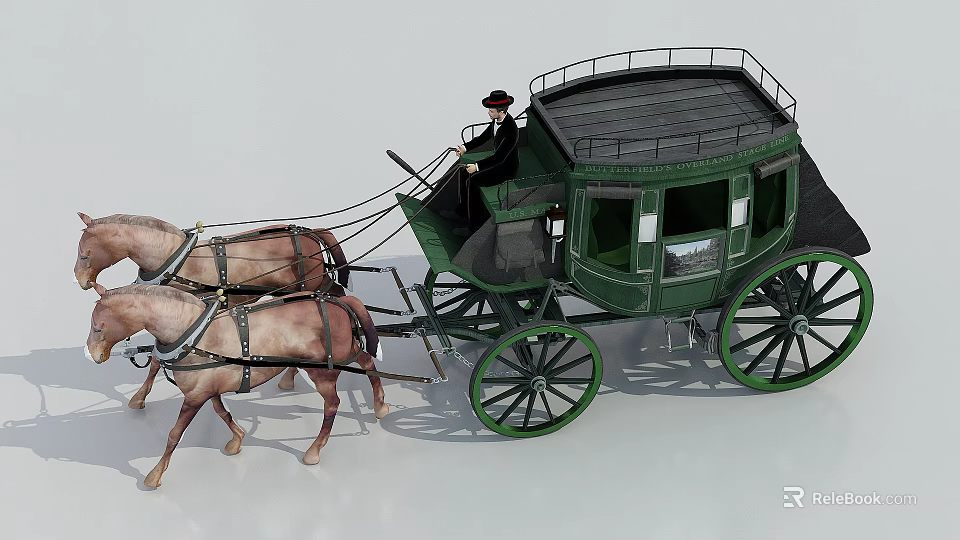 Green Horse Drawn Carriage Pulled By Two Brown Horses With Driver And Black Roof 3d model 