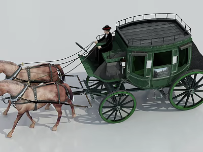 Green Horse Drawn Carriage Pulled By Two Brown Horses With Driver And Black Roof 3d model